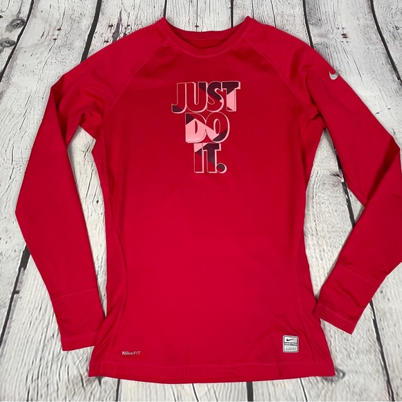 Nike Tops - NIKE Pro red long sleeve thermal fleece lined crew neck logo top, size M